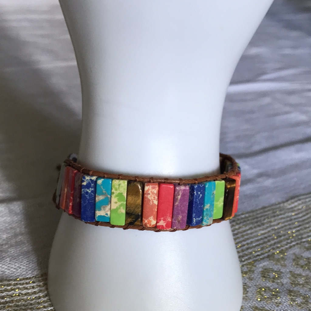 Genuine Oblong Multi Gemstones Leatherette Bracelet